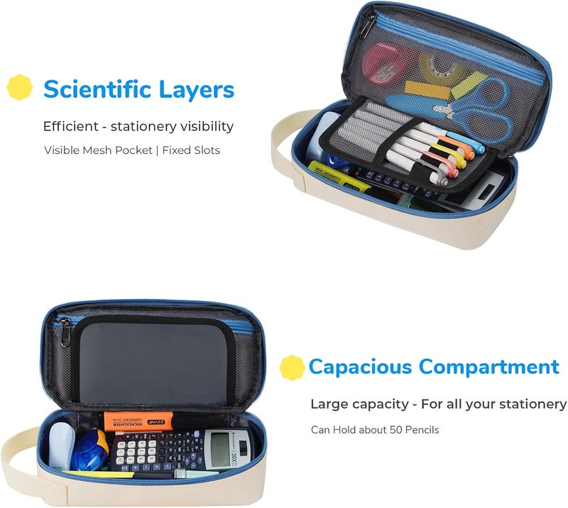 ECHSRT Pencil Case for Men Women, Large Pen Bag for Adults, Portable Pencil Pouch Aesthetic with Handle, Zipper Cases for Office Organizer Beige - Image 2